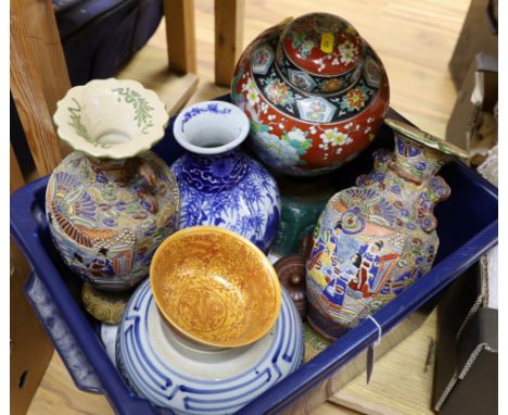 A group of mixed Japanese ceramic vases and a jar