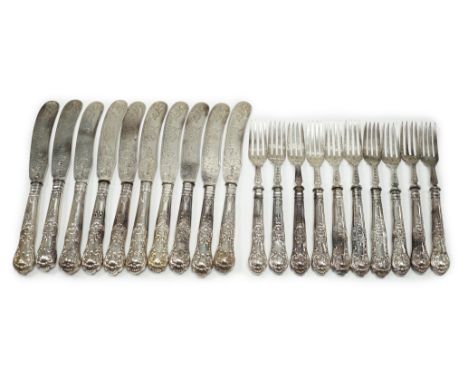 A set of ten pairs of Victorian silver Queen's pattern dessert eaters, maker, JG, Birmingham, 1856/7, loaded handles.