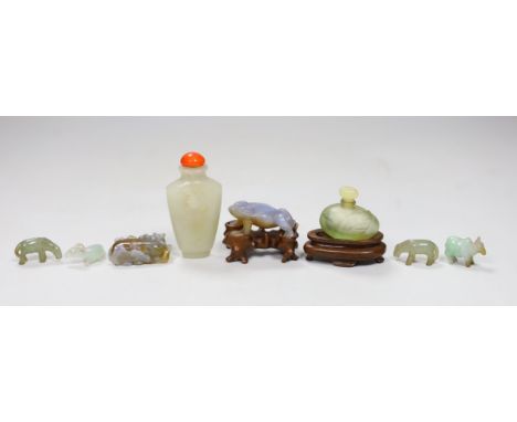 A Chinese jade snuff bottle, together with six animal hardstone figures, and a small perfume bottle