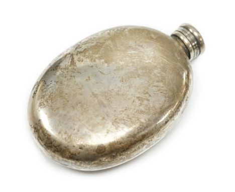 A Victorian silver oval hip flask, Fenton Brothers, Sheffield, 1874, 12.5cm, 6.3oz.