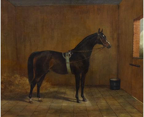 Circle of Sydney R Wombill (1857-1916), oil on canvas, Portrait of a racehorse 'Simonian', titled with label verso, 62 x 75cm