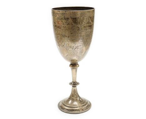 A late Victorian engraved silver presentation goblet, possible Charles Boyton, London, 1890, 23cm, 7.8oz.