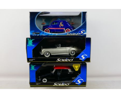 Solido - 3 boxed 1/18 scale diecast vehicles to include #8407.02 Renault 4CV "I Alsacienne" 1954, #8006 Rolls Royce and #8050