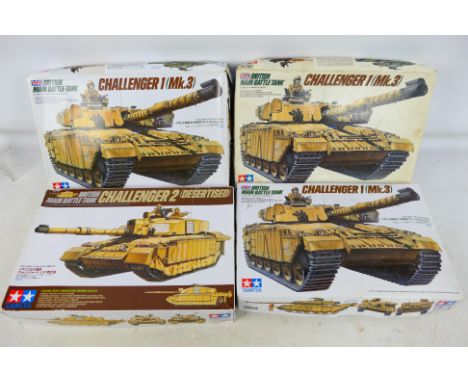 Tamiya - Four boxed Tamiya 1:35 scale plastic model tank kits. Lot consists of Tamiya #35154  British Main Battle Tank Challe