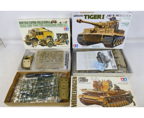 Tamiya - Three boxed Tamiya 1:35 scale plastic military model vehicle kits. Lot consists of Tamiya #35194 German Tiger 1 Mid 