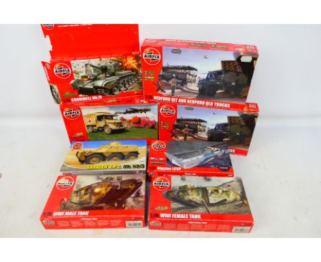 Airfix - Eight boxed predominately 1:76 scale plastic military vehicle model kits. Lot includes A01315 WW1 Male Tank; A03304 