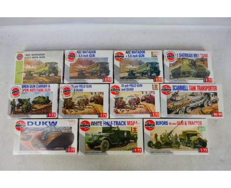 Airfix - Eleven boxed factory sealed 1:72 scale military vehicle / accessory plastic model kits. Lot includes Airfix #02318 W