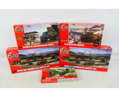 Airfix - Five boxed 1:72 scale military vehicle plastic model kits from Airfix including A05330 WWII RAF Bomber Re-Supply Set