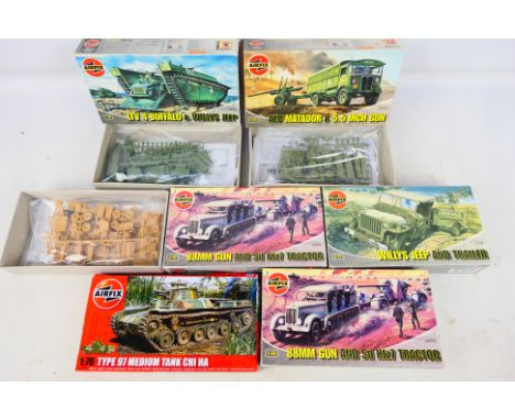 Airfix - Six boxed 1:72 and 1:76 scale Airfix military vehicle plastic model kits. Lot includes A02303 1:76 88mm Gun & SdKfz7