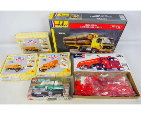 Heller - Airfix - Revell - Six plastic model vehicle kits in various scales including a Heller 1:32 scale #81704 Volvo F12-20