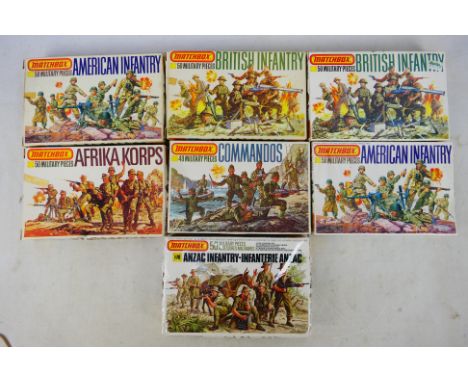 Matchbox - Seven boxed Matchbox 1:76 plastic model soldier kits / sets. Lot includes Matchbox P5006 British Commandos; P-5004