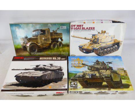 Meng - IBG Models - Academy - AFV Club - Four boxed partially constructed plastic 1:35 scale military model vehicle kits. Lot