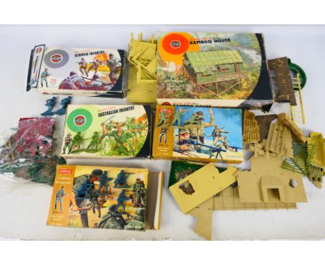 Airfix - Four boxes of Airfix 1:32 scale plastic toy soldiers with a boxed Airfix #51507 Bamboo House plus a quantity of unbo