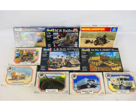JB Models - Revell - Italeri - A collection of 10 boxed 1:76 and 1:72 scale plastic military vehicle and weapon model kits. L