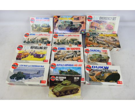 Airfix - A squadron of 13 boxed 1:72 scale military vehicle / accessory plastic model kits. Lot includes #02301 Scammell Tank