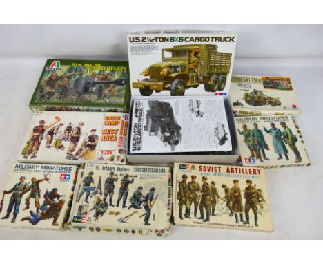 Tamiya - Italeri - Revell - Esci - Eight boxed military vehicle, accessories and personnel plastic model kits in mainly 1:35 