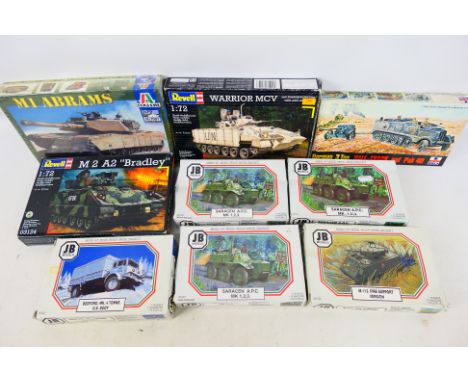 Revell - JB Models - Italeri - Esci - Nine boxed 1:72 & 1:76 scale plastic military model vehicle kits. Lot includes JB Model