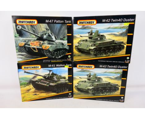 Matchbox - Four boxed Matchbox 1:32 plastic model tank kits. Lot consists of Matchbox #40991 M-41 Walker Tank; #40992 M-42 Tw