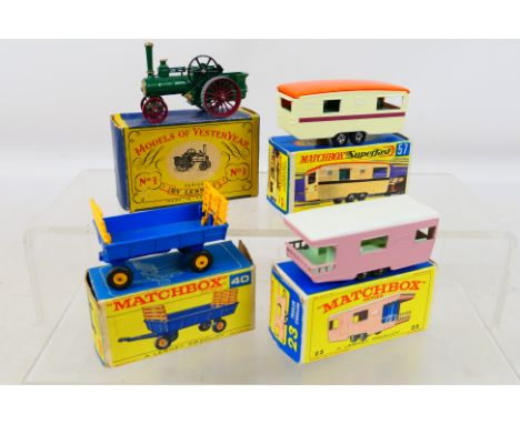 Matchbox - 4 boxed vintage matchbox items to include #23 Trailer Caravan in Pink, #40 Hay Trailer, #57 Trailer Caravan in whi