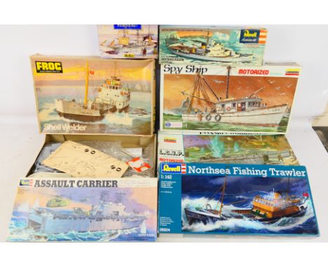 Lindberg - Revell - Heller - Seven boxed plastic ship model kits in various scales. Lot includes Revell H337 USS Coast Guard 
