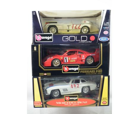 Burago - 3 boxed 1/18 scale diecast vehicles to include #3042 Ferrari F40 Evoluzione (1992), #32813 Mercedes-Benz and #18-120