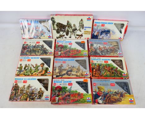 Esci - 12 boxed predominately 1:72 scale military personnel plastic figures. Lot includes Esci #224 Roman Legion; #215 Britis