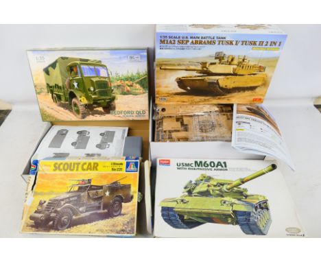 IBG Models - Italeri - Academy - Ryefield Models - Four boxed military vehicle plastic model kits in 1:35 scale. Lot includes