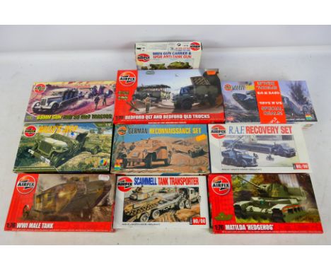 Airfix - Ten boxed 1:72 & 1:76 scale military vehicle / accessory plastic model kits. Lot includes Airfix AO2335 Matilda Hedg