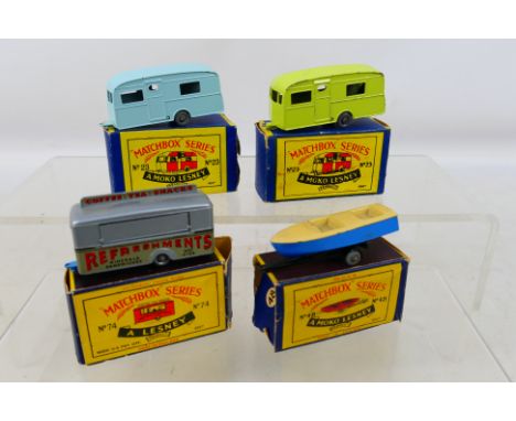 Matchbox - 4 boxed vintage matchbox items to include #23 green caravan and #23 blue caravan, #48 blue speed boat and trailer 