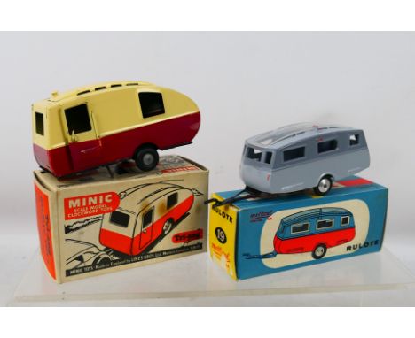 Metosul - Tri-ang - Minic - A pair of boxed caravans to include #19 Rulote in two tone grey and a cream and maroon tinplate C