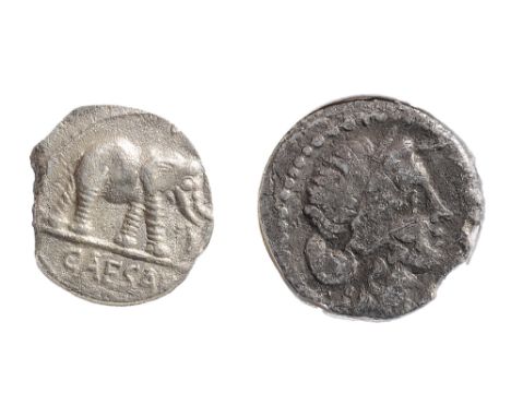 Julius Caesar Silver Denarius49-44 BCElephant advancing right, trampling horned serpent; CAESAR in exergue / Pontifical imple
