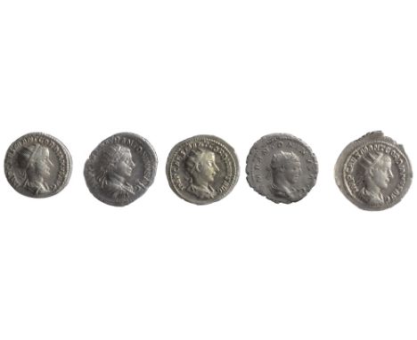 Five early 3rd century AD Imperial Roman silver Antoninianii first IMP CAES M ANT GORDIANVS AVG, Radiate draped and cuirassed