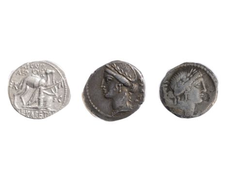 M. Aemilius Scaurus and Pub. Plautius Hypsaeus Silver Denarius58 BCNabatean king Aretas kneeling to right, holding reins and 