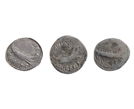 Marc Antony Legionary Denarius. Legion V32-31 BC.III. VIR. R. P. C, praetorian galley to right / LEG V, Aquila between two st