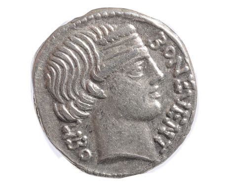 M. Nonius Sufenas Silver Denarius62 BCBON EVENT - LIBO; Diademed head of Bonus Eventus right, with banker's mark on neck / PV