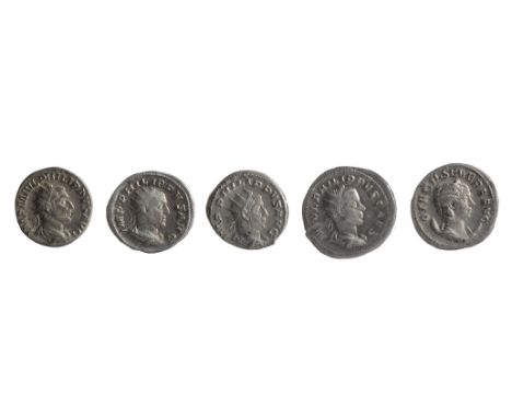 Five mid 3rd century AD Imperial Roman silver and silvered Antoninianii first Rome, 244-249 AD, IMP M IVL PHILIPPVS AVG, radi