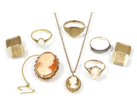 An opal ring, finger size P, stamped '18CT', 2.9g; a 9 carat gold signet ring, a cameo ring, a paste ring, a cameo brooch, a 