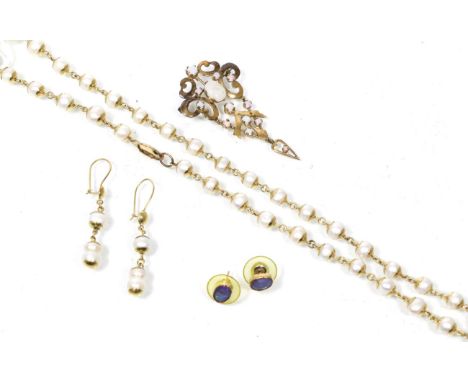 A 9 carat gold Art Nouveau style pendant, a cultured pearl necklace, a pair of cultured pearl earrings and a pair of opal ear