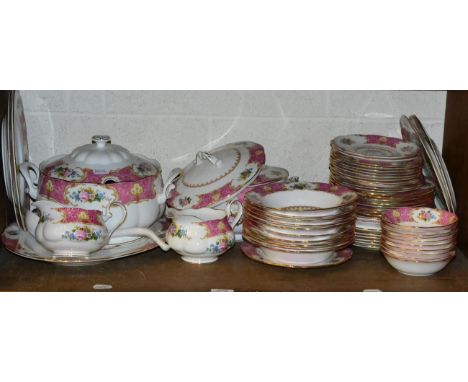A Royal Albert pink ground extensive dinner service, Lady Carlyle pattern; and a German canteen of Solingen gilt cutlery with