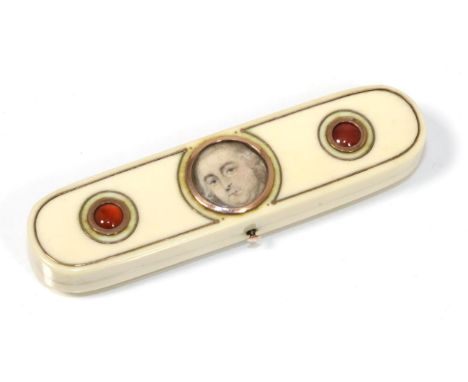 A George III ivory toothpick case, the cover with gold inlay and central portrait miniature of a gentleman flanked by two cab