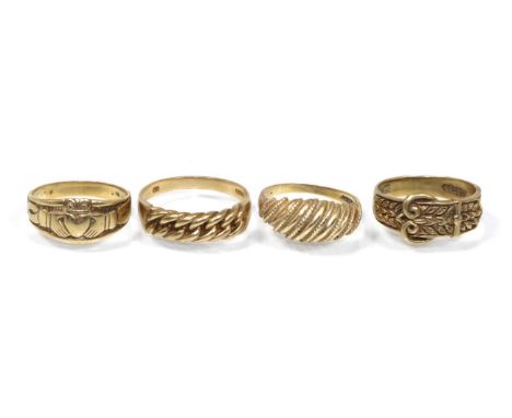 A 9 carat gold buckle ring, finger size T, a 9 carat gold Claddagh ring and two other 9 carat gold rings, 18.2g gross (4)