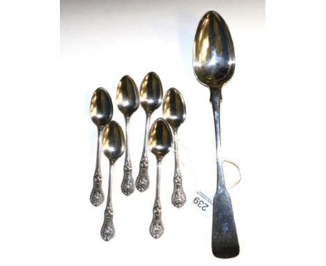 A Scottish William IV silver fiddle pattern basting spoon, makers mark G.P, Glasgow 1830; and a set of six Victorian Scottish