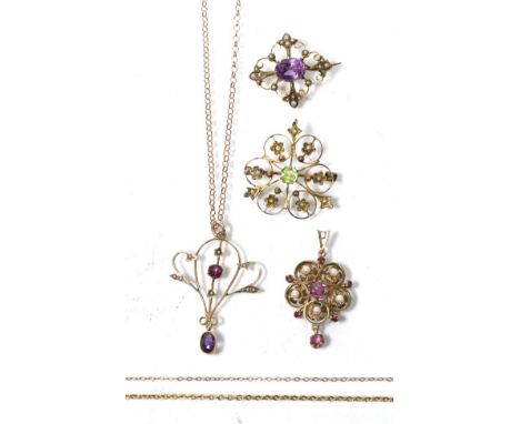 An Art Nouveau amethyst and seed pearl pendant on chain, stamped '9CT'; an Art Nouveau peridot and seed pearl brooch/pendant 