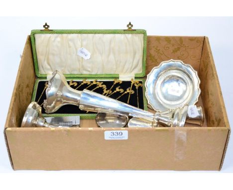 A cased set of twelve sterling silver gilt cockerel picks; together with various items of silver and a Colibri plated lighter