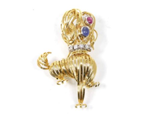 A sapphire, ruby and diamond novelty poodle brooch, with cabochon ruby eye, cabochon sapphire nose and diamond set collar, to
