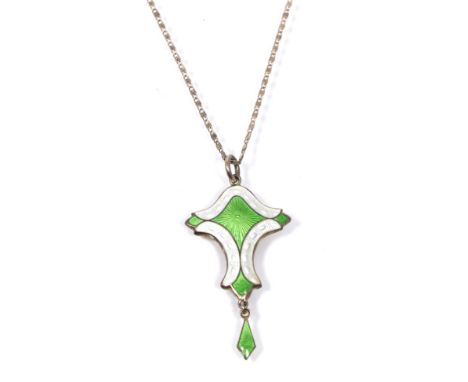 An early twentieth century enamel pendant, by J Aitkin & Son, a shield-shaped plaque in green and white guilloche enamel, wit