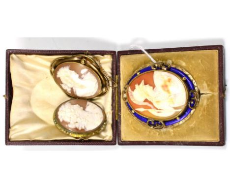 A Victorian cameo brooch, carved depicting Minerva, in a blue enamel and gilt frame, measures 6.5cm by 5.2cm and two other ca