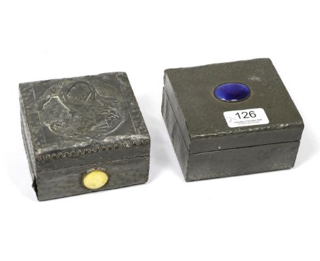 Two Arts & Crafts pewter boxes with Ruskin style enamel cabochon 