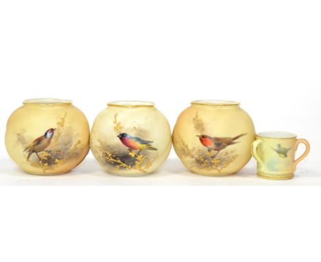 Three Royal Worcester blush ground globular wrythen vases, handpainted with perched birds, gilt embellished, 7cm height; toge
