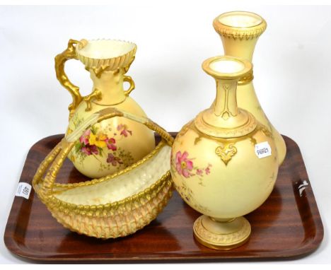 Three various Royal Worcester blush ground vases, floral painted, gilt embellished; together with a basket (4)